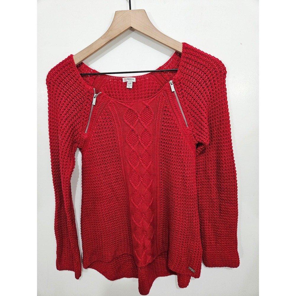 GUESS Sweater Womens XS Red Cable Knit Zip Shoulder Long Sleeve Cotton Blend